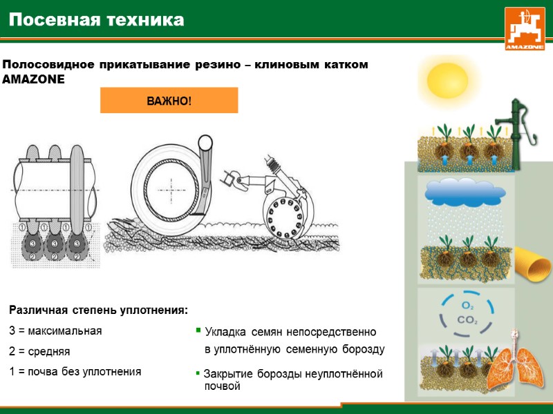 Полосовидное прикатывание резино – клиновым катком AMAZONE Различная степень уплотнения: 3 = максимальная 2